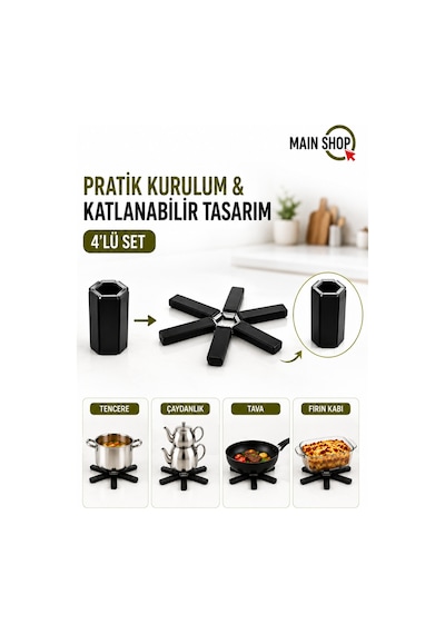 Mainshop 4'lü Set Isıya Dayanıklı Katlanabilir Nihale - Pratik Kompakt Tencere Altlığı M-021 Siyah