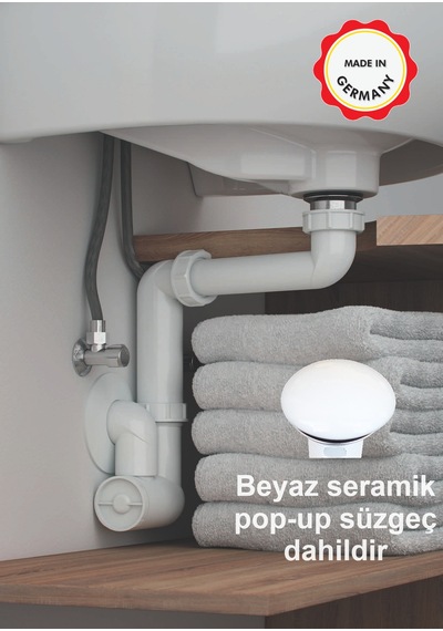 Dallmer Yer Kazandıran Lavabo Sifonu Beyaz Pop-up Süzgeçli Kolay Temizlenir Koku Önleyici Gider
