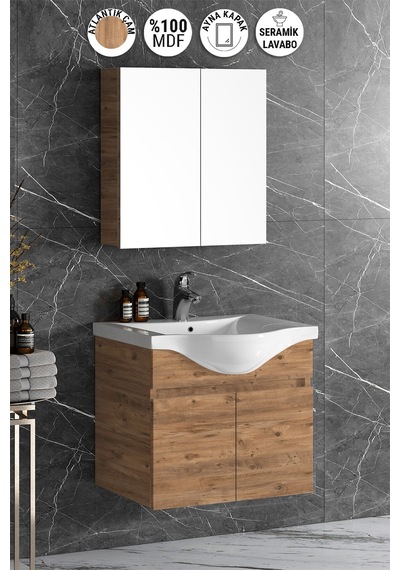 Yıldız 65 Cm Atlantik Çam Mdf Seramik Lavabolu Asma Banyo Dolabı Takımı
