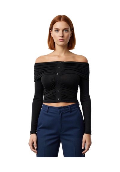 Frm Kadın Off Shoulder Büzgülü Düğmeli Uzun Kollu Crop Üst Kaliteli Ş siyah
