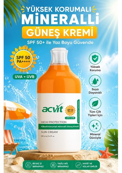 Acvit Yüksek Korumalı ve Mineralli Güneş Kremi SPF50+ 100 ML