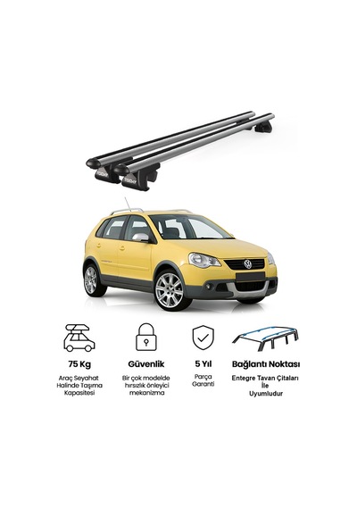 Venüs Volkswagen Polo Cross 2006-2009 Uyumlu Gri Ara Atkı Port Bagaj Tavan Barı