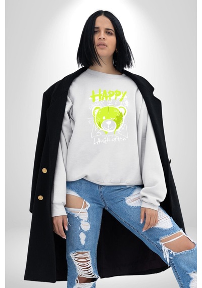 Sık Sık Mutlu Gülmek Teddy Bear Unisex Beyaz Sweatshirt Beyaz