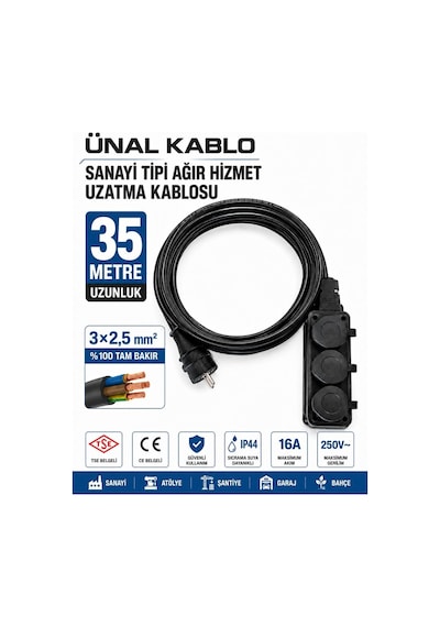 Ünal Kablo Sanayi Tipi Ağır Hizmet Uzatma Kablosu 35 Metre 3x2.5 Mm %100 Tam Bakır Seldur Kauçuk 3'lü Grup Priz Orel Kauçuk Fiş Ip54 Ip44 35 M