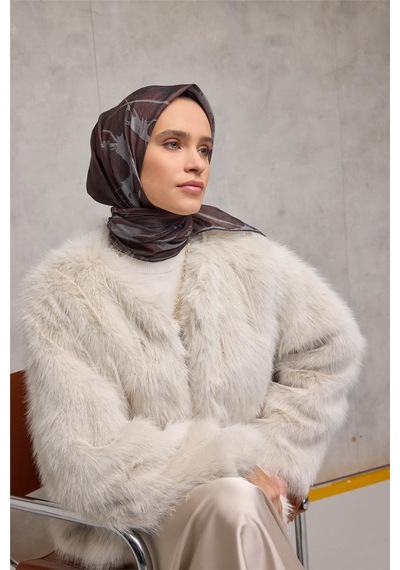 Silk Home Pamuk Polyester Soft Eşarp Yaprak Desen Kızıl Kahve 90x90 Çok Renkli