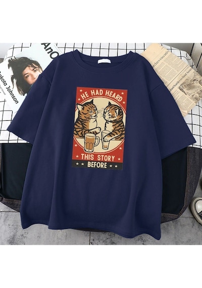 Flood Of Style Erkek Lacivert He Had Heard Baskılı Oversize Bisiklet Yaka Tshirt