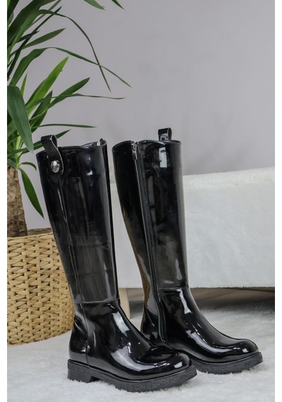 Asmi Shoes Kadın Milano Diz Boyu Çizme Siyah Rugan Siyah