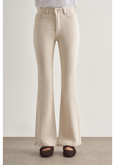 Mizalle Skinny Fit Flare Paça Ekru Denim Pantolon Ekru