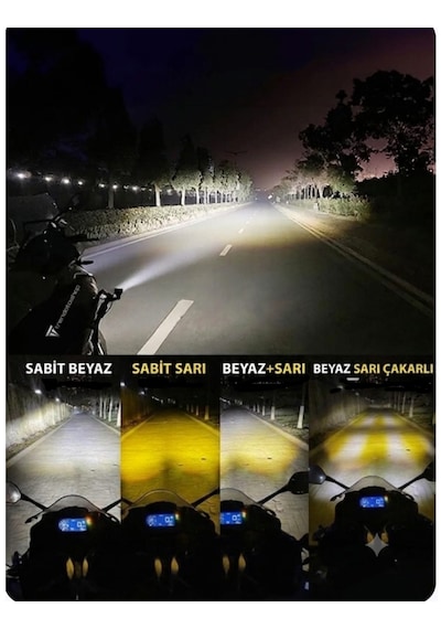 Motosiklet Ve Elektrikli Bisiklet Uyumlu 12-80 Volt 3 Mercekli Çift Renk Led Projektör Sis Farı Sarı-beyaz Renk 4 Modlu Tekli Paket