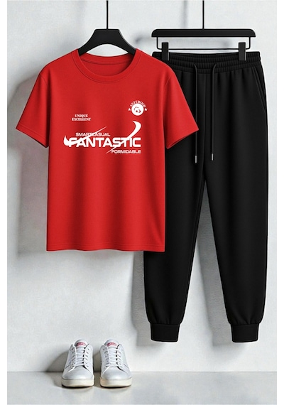Uyguntarz Unisex Fantastic Tasarım Baskılı Tişört - 2'li Eşofman Takımı Kırmızı