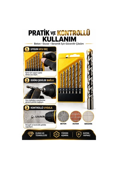 7 Parça Elmas Uç Matkap Seti 4-10 Mm Beton Duvar Seramik