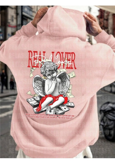 Startmore Pembe Unisex Oversize Real Lover Baskılı Bol Kesim Kapşonlu Şardonlu