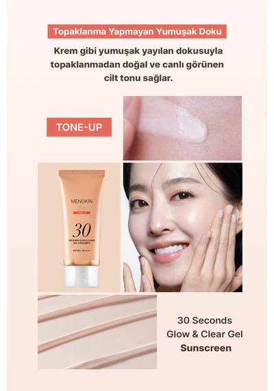 Ton Eşitleyici Jel-krem Dokulu Güneş Kremi Menokın 30 Seconds Glow & Clear Gel Sunscreen Tone Up