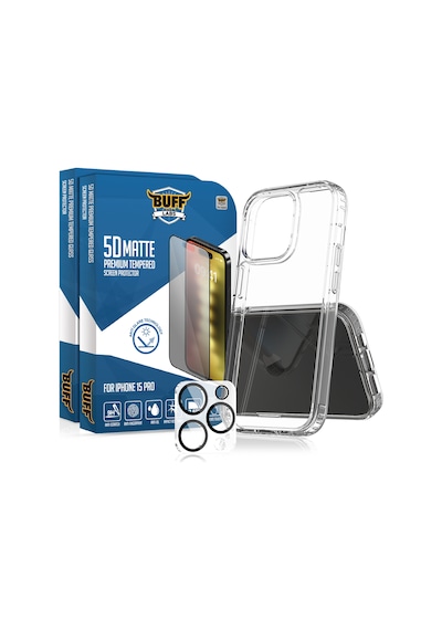 Buff Apple iPhone Uyumlu  15 Pro - 2x5d Ekran Koruyucu + Şeffaf Kılıf + Lens Koruyucu Matte Mat