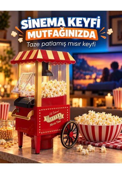 Nostaljik Arabalı Patlamış Mısır Makinesi Kırmızı