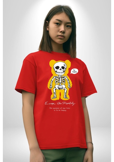 Mutlu Ol Pamuklu Bisiklet Yaka Unisex Oversize Boyfriend Dijital Baskılı Kırmızı T-shirt Kırmızı