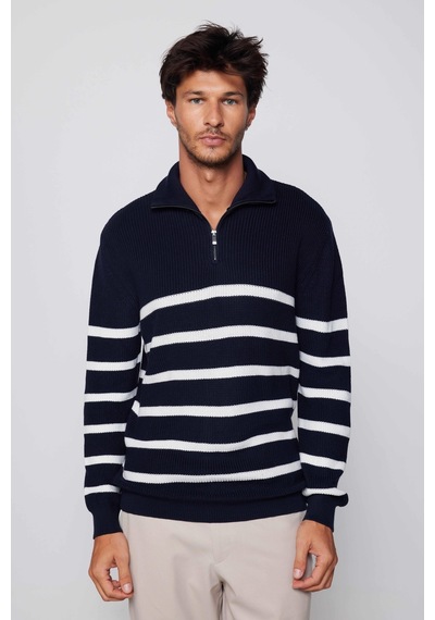Tudors Erkek Slim Fit Fermuarlı Dik Yaka Çizgili Pamuklu Kazak-28901-multi Çok Renkli