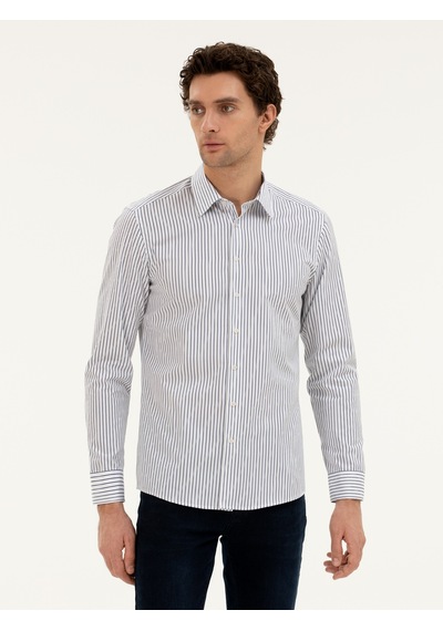 Cacharel Lacivert Slim Fit Pamuk Çizgili Gömlek