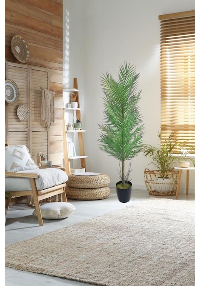 Yapay Ağaç Palmiye 155 50cm 30yaprak Areka Ağacı Siyah Saksıda Tek Gövdeli