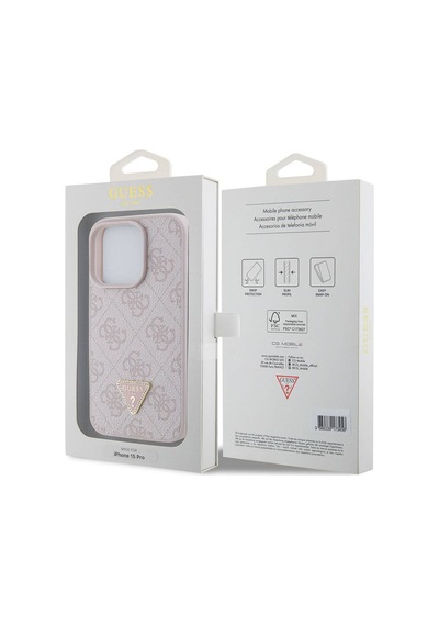 Apple Uyumlu iPhone 15 Pro Kılıf Guess Lisanslı Pu Deri Taşlı Üçgen Logo 4g Desenli Strass Siyah