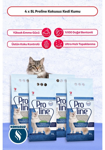 Proline Bentonit Kedi Kumu Parfümsüz 5 Lt X 4 Adet