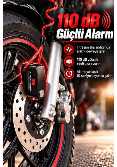 Alarmlı Disk Kilidi 110 Desibel - Titreşim Sensörlü Motosiklet Bisiklet Elektrikli Scooter E Bisiklet