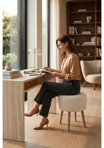 Modern Ahşap Ayaklı Dekoratif Puf, Tabure 6096 Kırıkbeyaz