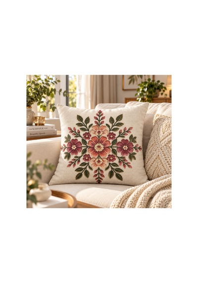 3d Çiçek Desenli Dijital Baskılı Nakış Görünümlü 43x43 Cm Dekoratif Kırlent Kılıfı Yastık Kılıfı Krem Krem