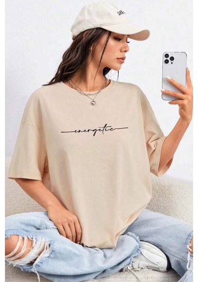 Energetic Ön Baskılı Bisiklet Yaka Kadın Oversize Tshirt Taş Rengi