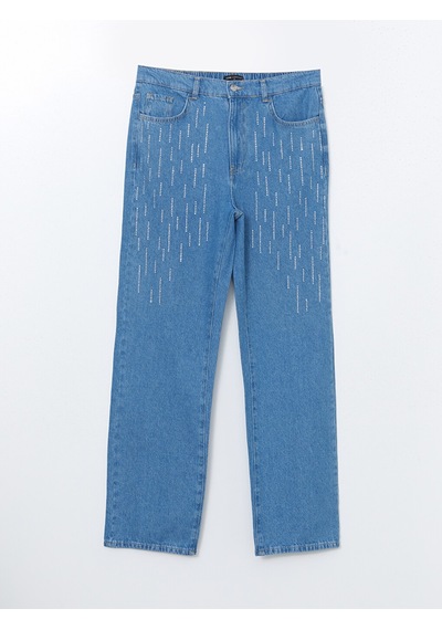 Lcw Comfort İndigo Beli Lastikli Straight Fit Taşlı Kadın Jean Pantolon