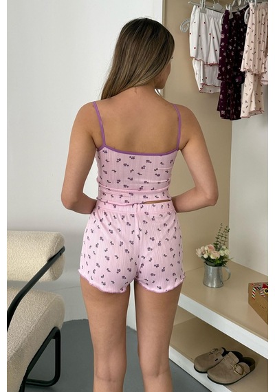 Giysa Kadın Askılı Kaplı Çiçek Desenli Şortlu Pijama Takımı Pembe Mor - 3403