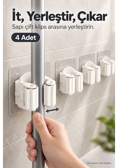 Yapışkanlı Mop Süpürge Tutucu 4'lü Set Fırça Askısı Çok Renkli