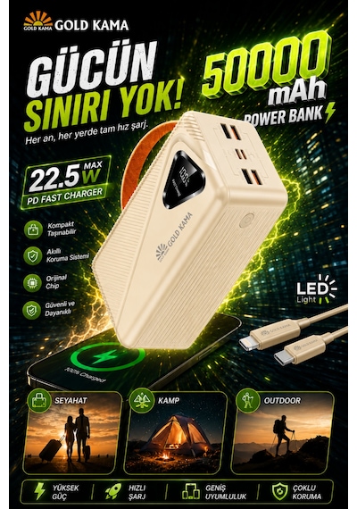 50000 Mah Akıllı Çip Korumalı Güç Deposu - 22.5w Ultra Hızlı Taşınabilir Şarj Cihazı Bej