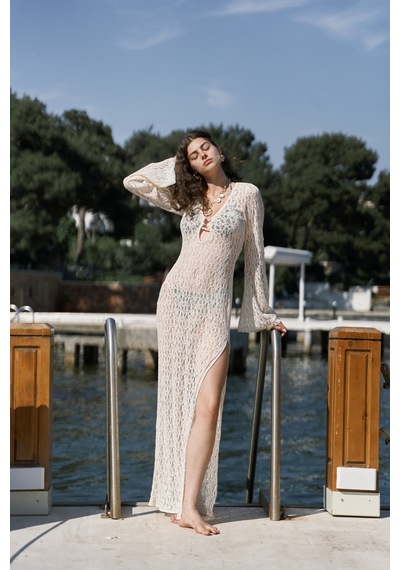 Mai Collection Mai Studios Co. Caroline Dantelli Bej Uzun Elbise Bej