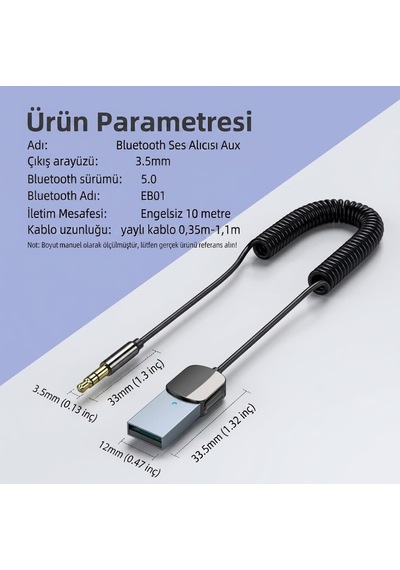 Tr A-13 Usb-a To 3.5mm Aux Bluetooth 5.1 Adaptör Spiral Kablolu Araç Ses Alıcısı