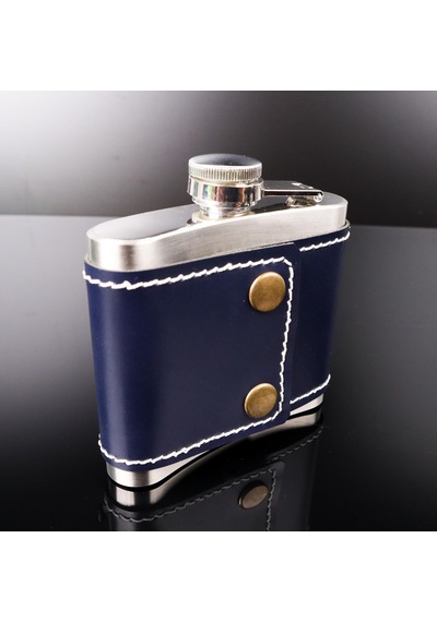Perlotus 5 Oz-150 Cc Hunili Lacivert Premium Deri Kılıf Çelik Viski İçki Konyak Matarası Sevgililer Günü