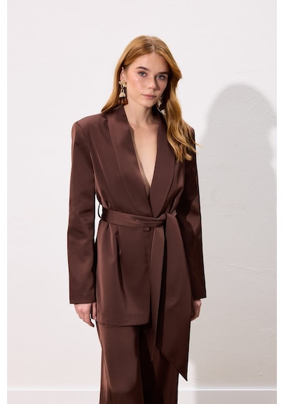 Sateen Kuşaklı Saten Ceket - Kahve-137005 Kahve