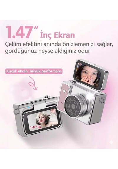 2k Mini Dijital Retro Video Kamera Flaşlı Dijital Vlog Mini Fotoğraf Makinesi Türkçe Menü Bej