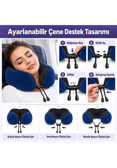 Tr Seyahat Boyun Yastığı - Hafızalı Köpük, 360 Destekli, Ortopedik Seyahat Yastığı - Ayarlanabilir Çene Des
