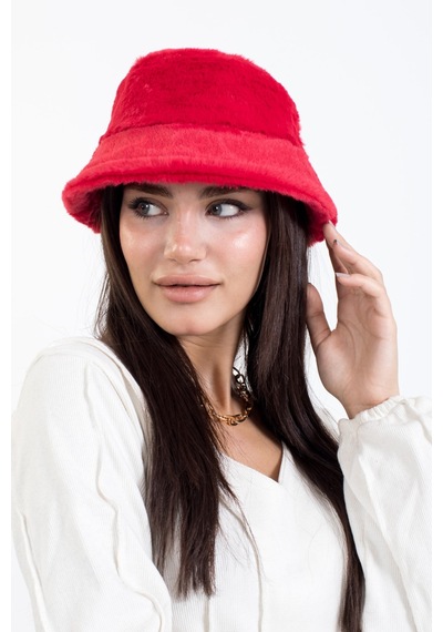 Ladycolor Tavşan Tüyü Peluş Bucket Kova Moda Kadın Kışlık Şapka Kırmızı