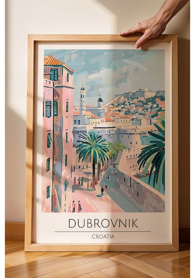 Hırvatistan Dubrovnik Temalı Çerçeveli Tablo Travel Serisi Modern İllüstrasyon Duvar Dekoru Kayın