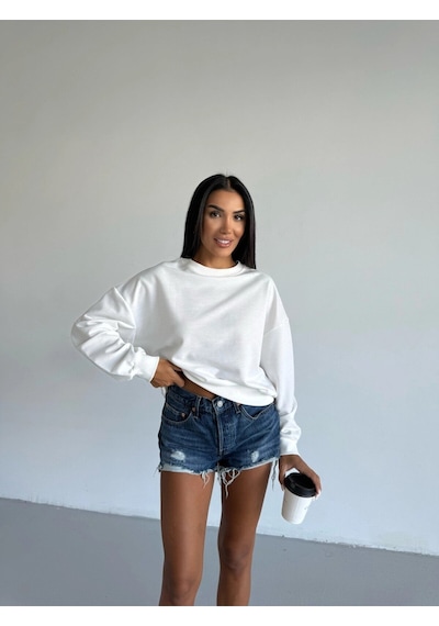 Kadın Beyaz Bisiklet Yaka 2 İplik Sweatshirt Hzl25w-fry123391 Beyaz