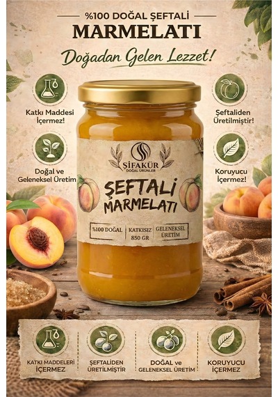 Şifakür Şeftali Marmelatı Katkısız Şeker İlavesiz Doğal Geleneksel Lezzet 850g