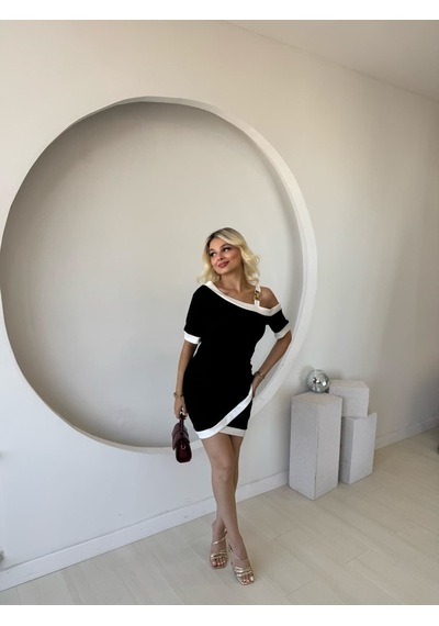 Alyn Wear Kadın Kısa Kollu Asimetrik Kesim Yaka Şerit Ve Aksesuar Detaylı Modal Elbise Siyah