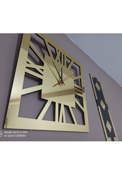 Altın Renk Aynalı Pleksi Modern Tasarım Yuvarlak Duvar Saati Tablo 3 Lü Set Sessiz Mekanizma Saat 40x40cm Tablo 50x20 Cm Gold - Siyah