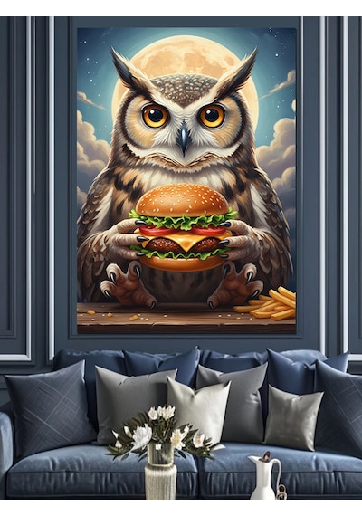 Ahşap Tablo Burger Yiyen Bilge Baykuş Dekoratif Tablolar