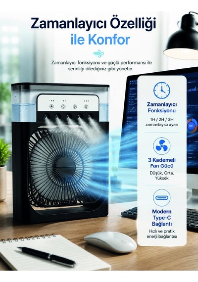 Su Hazneli Püskürtmeli Fan 1-3-5 Püskürtme Seçeneği, Type-c Güç Girişi Beyaz