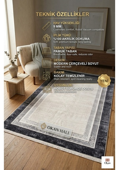 Premium Modern Çerçeveli Salon Halısı - 9mm Hav Yüksekliği, Pamuk Taban, Vizon Antrasit Geçişli Gümüş