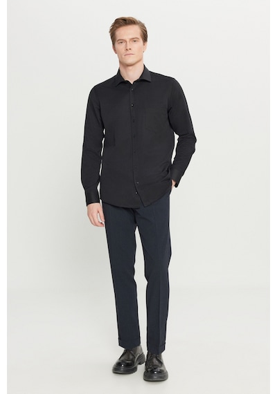 AC&Co / Altınyıldız Classics Erkek Sıyah Pamuklu Tailored Slim Fit Dar Kesim Klasik Yaka Armürlü Cepli Gömlek Siyah
