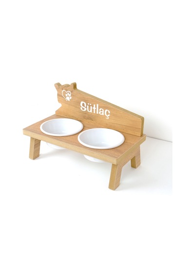 Kedi Su Ve Mama Kabı Standı - Özel İsimli - Kedi Kafa Modeli - Meşe Mdf-beyaz Seramik Kase - 2 400ml